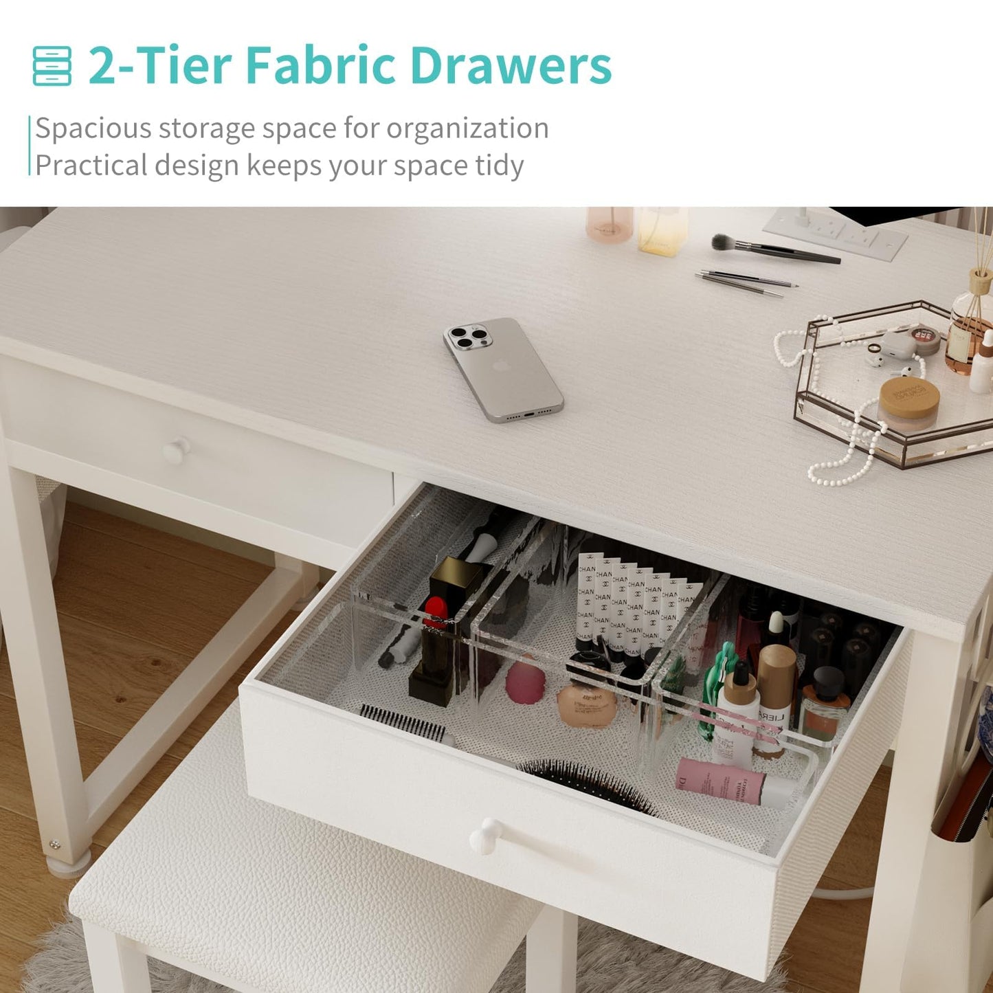 Small Makeup Vanity Desk with Fabric Drawers