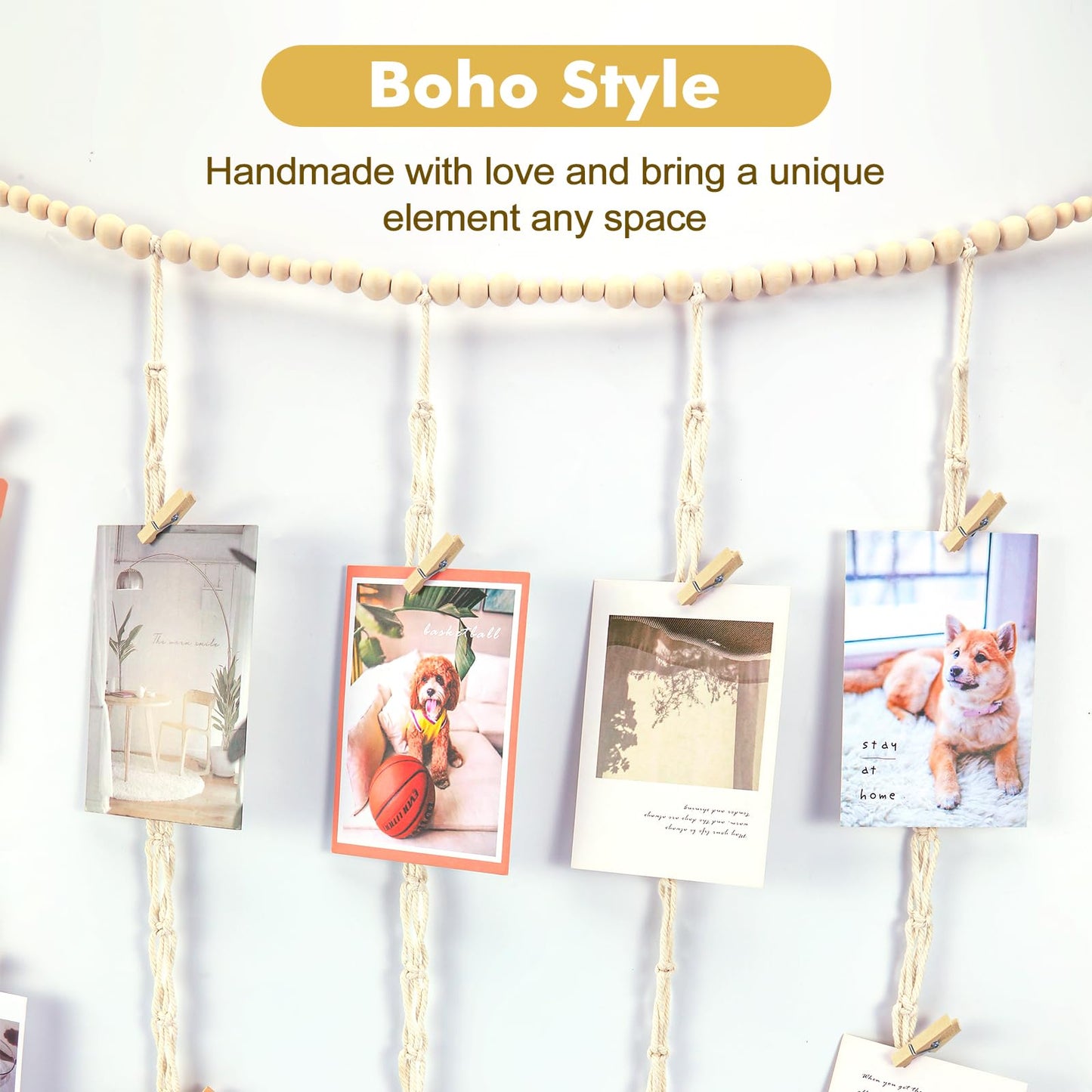 Expositor de fotos suspenso em macramê Decoração de parede boho