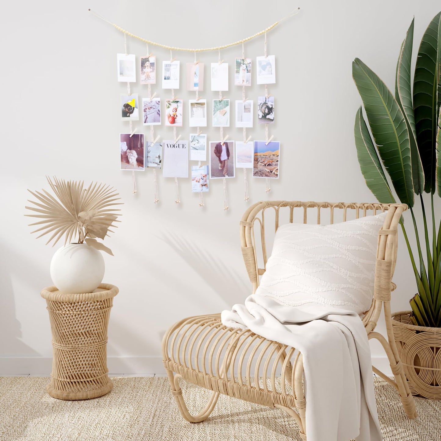 Expositor de fotos suspenso em macramê Decoração de parede boho