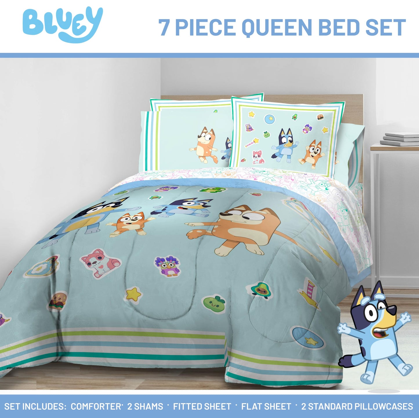 Conjunto de edredom Queen Size Bluey - 7 peças