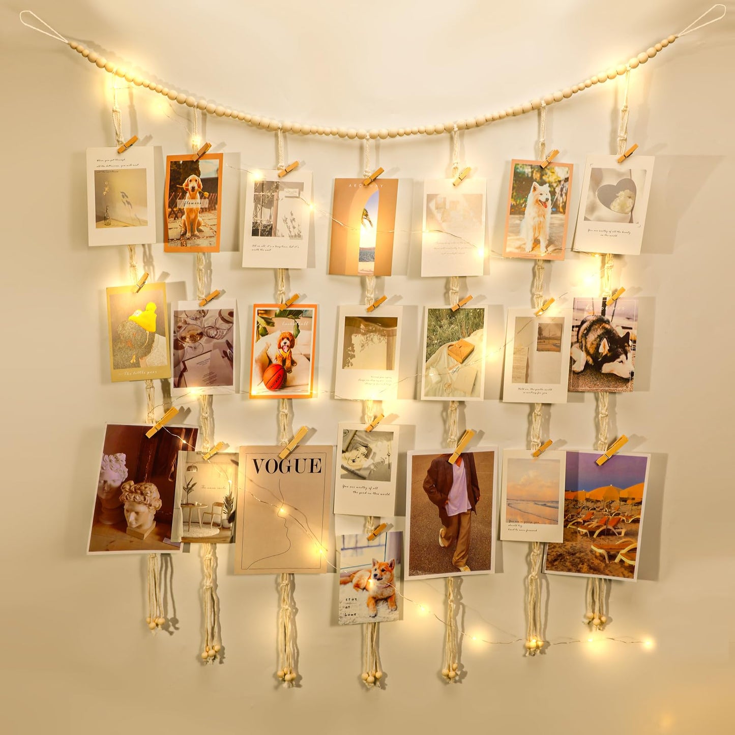 Expositor de fotos suspenso em macramê Decoração de parede boho