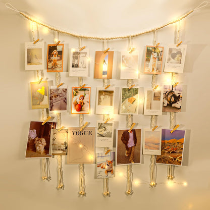 Expositor de fotos suspenso em macramê Decoração de parede boho