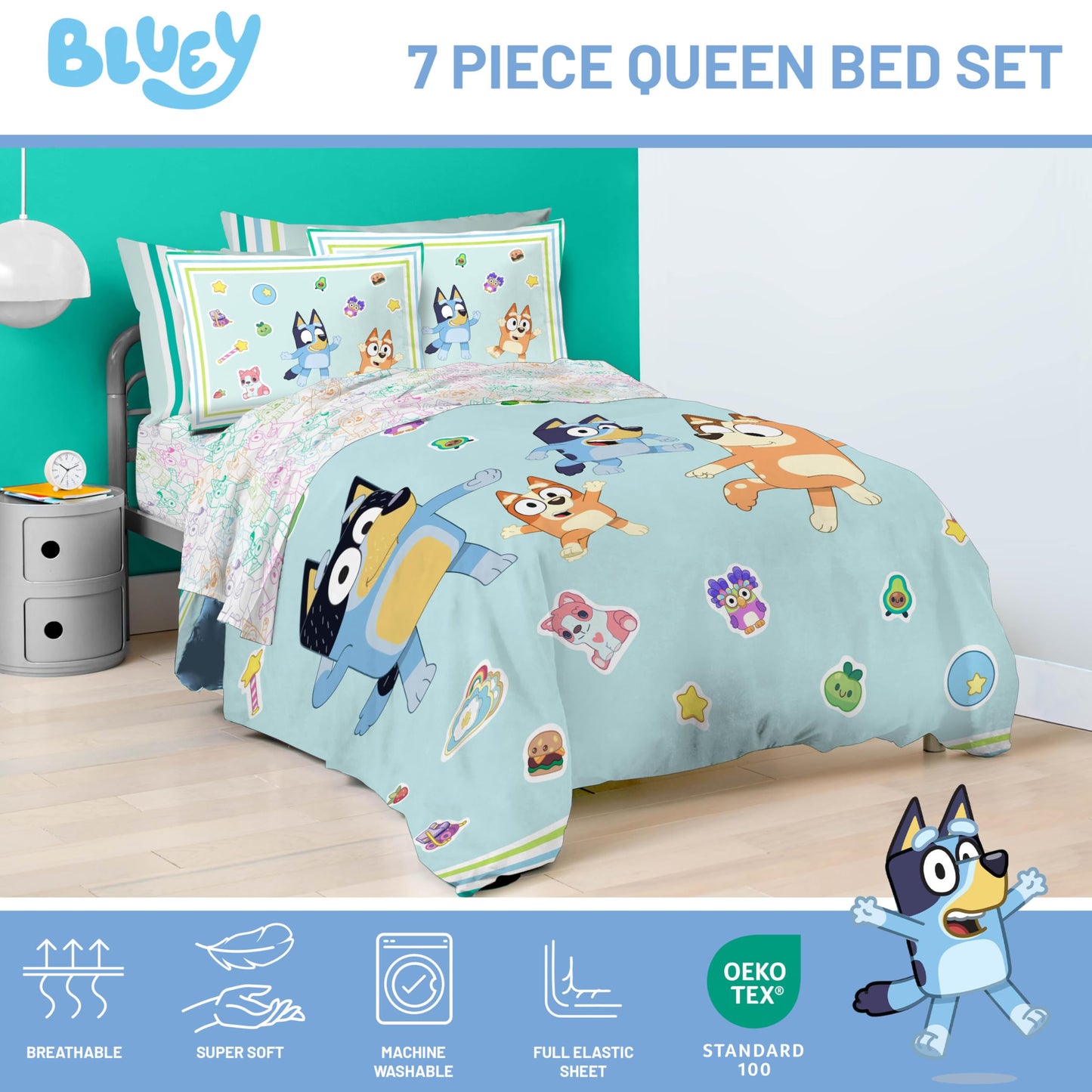 Conjunto de edredom Queen Size Bluey - 7 peças